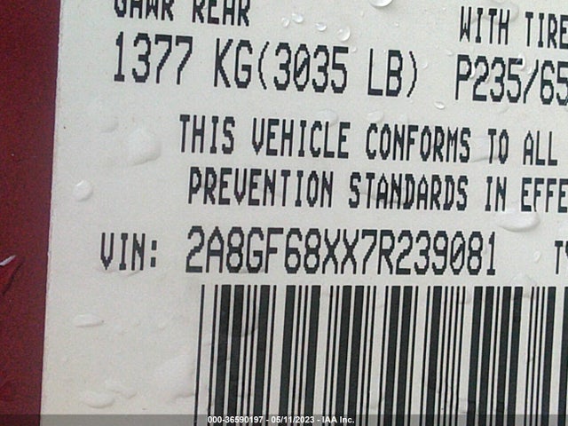 2007 CHRYSLER PACIFICA TOURING VIN: 2A8GF68XX7R239081