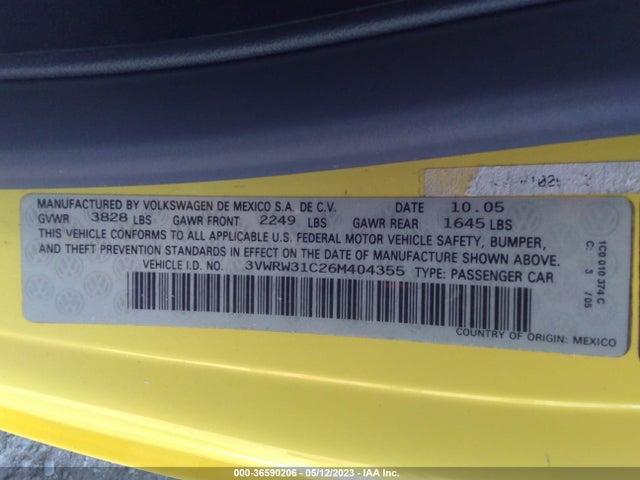 2006 VOLKSWAGEN NEW BEETLE COUPE VIN: 3VWRW31C26M404355