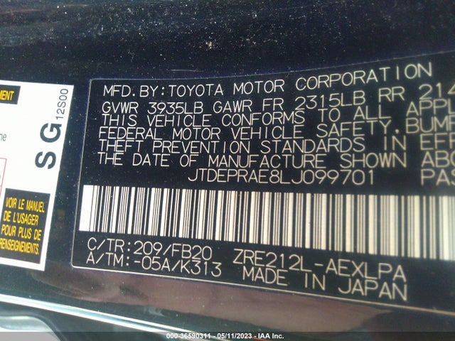2020 TOYOTA COROLLA LE VIN: JTDEPRAE8LJ099701