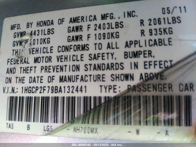 2011 HONDA ACCORD SDN EX VIN: 1HGCP2F79BA132441