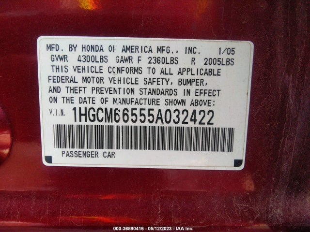 2005 HONDA ACCORD SDN EX-L V6 VIN: 1HGCM66555A032422