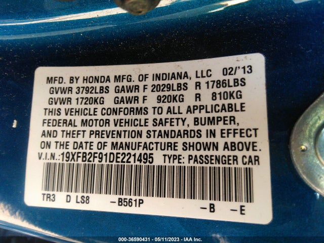 2013 HONDA CIVIC SDN EX-L VIN: 19XFB2F91DE221495