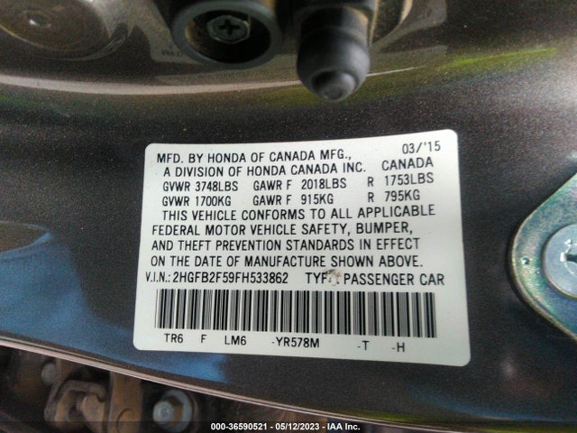2015 HONDA CIVIC SEDAN LX VIN: 2HGFB2F59FH533862