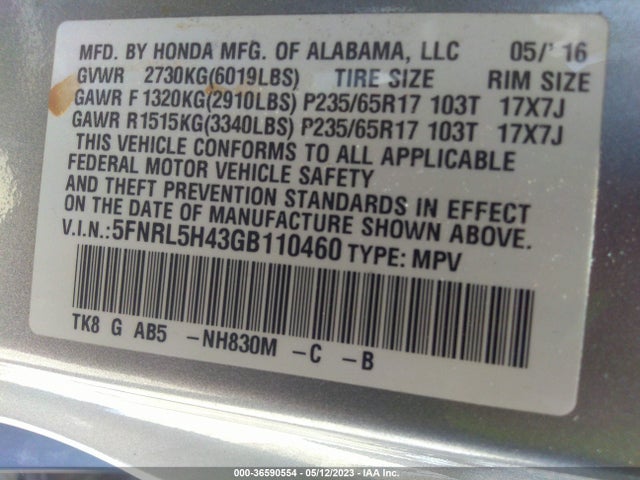 Honda ODYSSEY EX 2016 5FNRL5H43GB110460 Image 11