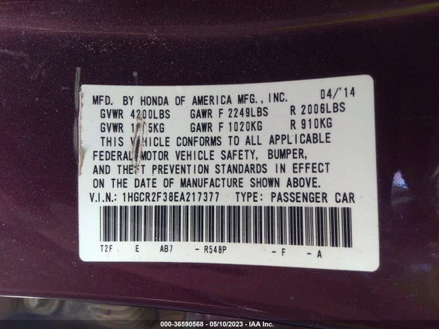 2014 HONDA ACCORD SEDAN LX VIN: 1HGCR2F38EA217377