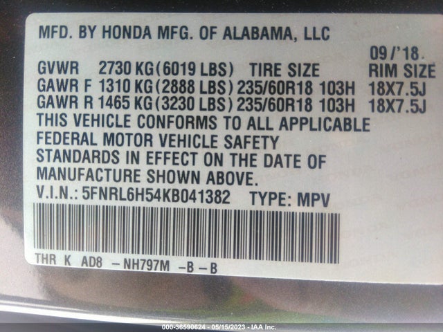 Honda ODYSSEY EX 2019 5FNRL6H54KB041382 Image 10