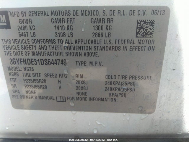 2013 CADILLAC SRX PERFORMANCE COLLECTION VIN: 3GYFNDE31DS644749