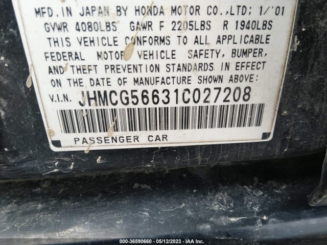 2001 HONDA ACCORD SDN EX VIN: JHMCG56631C027208