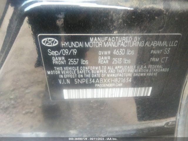 2019 HYUNDAI SONATA LIMITED VIN: 5NPE34ABXKH821634