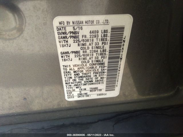 JN8AT2MT2GW002615 Nissan Rogue Sl