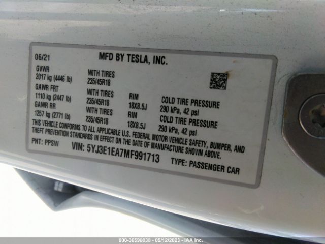5YJ3E1EA7MF991713 Tesla Model 3 Standard Range Plus