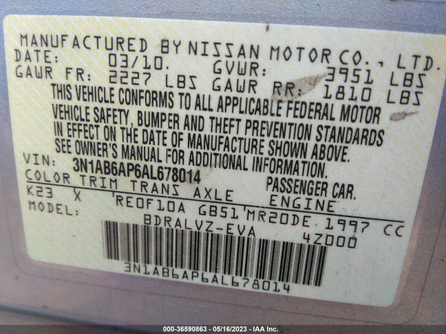 2010 NISSAN SENTRA 2.0 SL VIN: 3N1AB6AP6AL678014