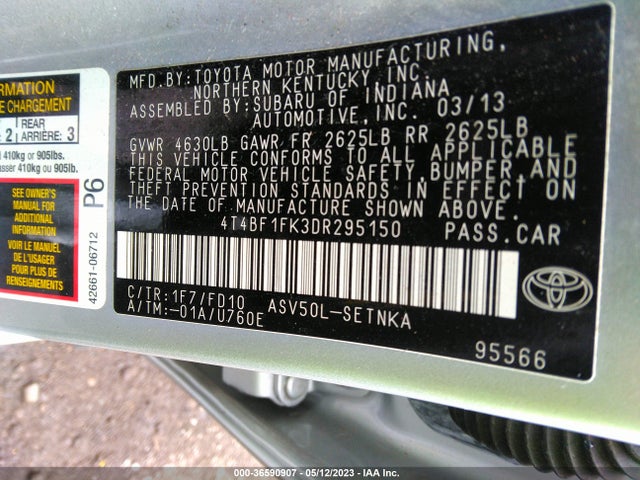 2013 TOYOTA CAMRY L/LE/SE/XLE VIN: 4T4BF1FK3DR295150
