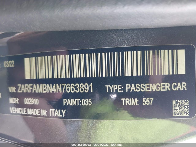 2022 Alfa Romeo Giulia, VIN: ZARFAMBN4N7663891