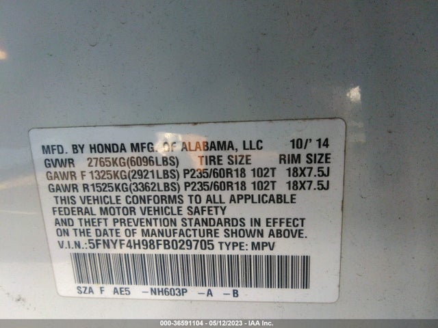 Honda Pilot Touring 2015 5FNYF4H98FB029705 Image 9