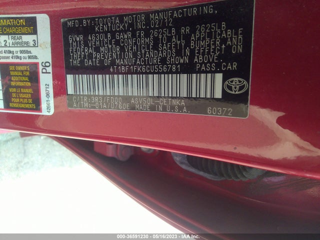 2012 TOYOTA CAMRY L/LE/SE/XLE VIN: 4T1BF1FK6CU556781
