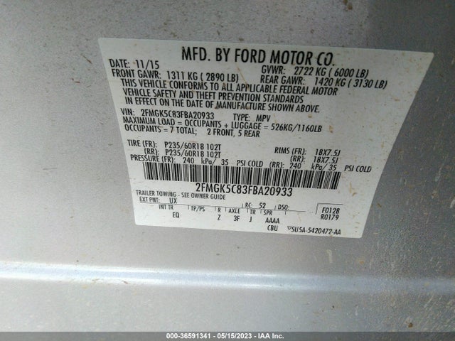 Aukcja sprzedaży 2015 Ford Flex Sel, vin: 2FMGK5C83FBA20933, numer aukcji: 36591341