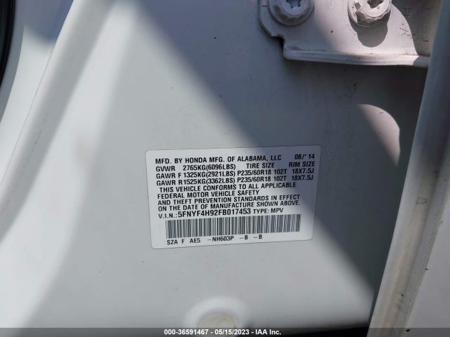 Honda Pilot Touring 2015 5FNYF4H92FB017453 Image 9