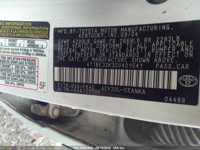 2005 TOYOTA CAMRY STD/LE/SE/XLE VIN: 4T1BE32K35U421541