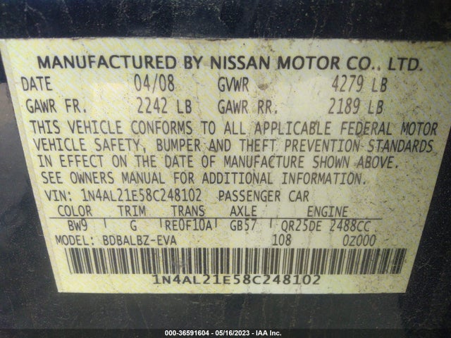 2008 NISSAN ALTIMA 2.5 VIN: 1N4AL21E58C248102