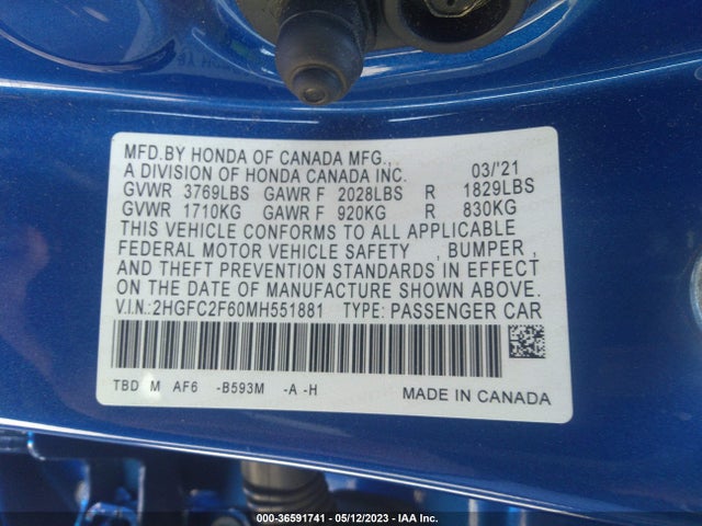 2021 HONDA CIVIC SEDAN LX VIN: 2HGFC2F60MH551881