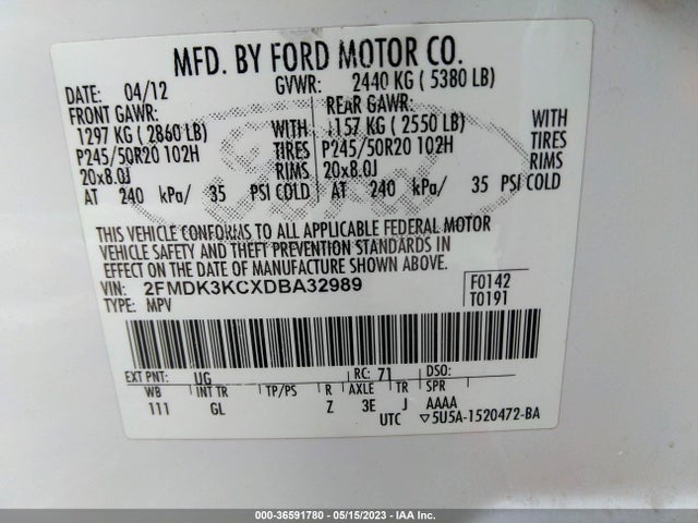 2013 FORD EDGE LIMITED VIN: 2FMDK3KCXDBA32989