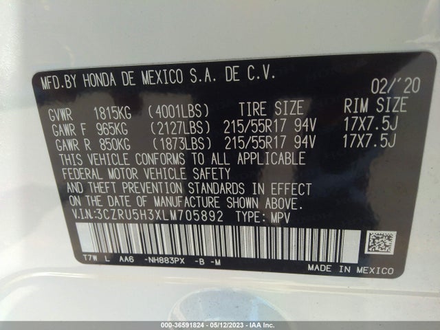 2020 HONDA HR-V LX VIN: 3CZRU5H3XLM705892
