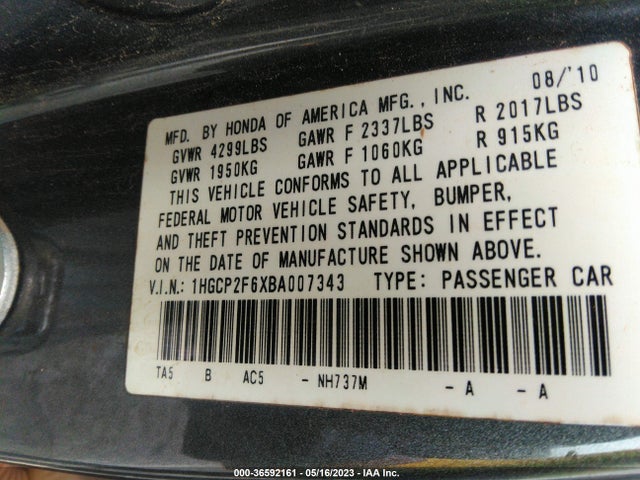 2011 HONDA ACCORD SDN SE VIN: 1HGCP2F6XBA007343