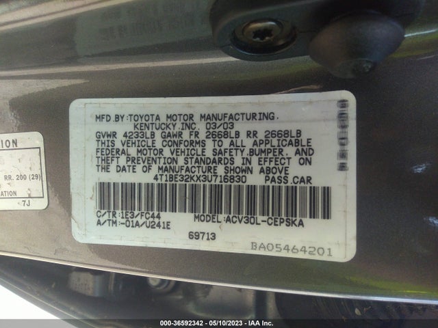 2003 TOYOTA CAMRY LE/SE/XLE VIN: 4T1BE32KX3U716830