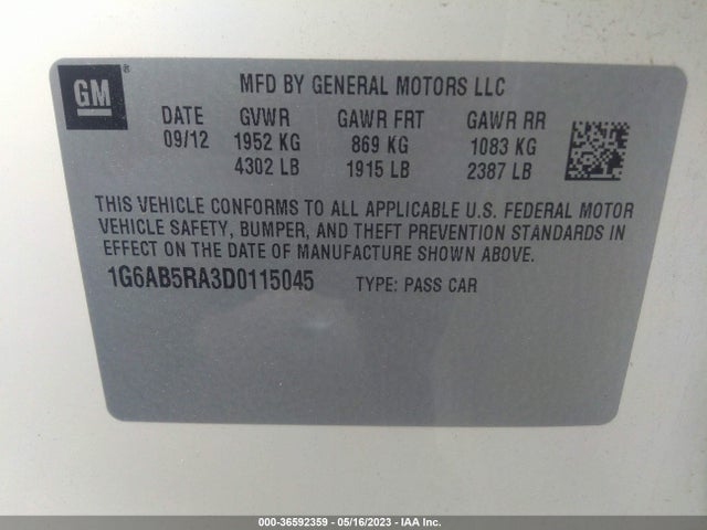 36592359 :رقم المزاد ، 1G6AB5RA3D0115045 vin ، 2013 Cadillac Ats Luxury مزاد بيع