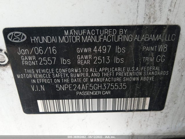 2016 HYUNDAI SONATA 2.4L SE VIN: 5NPE24AF5GH375535