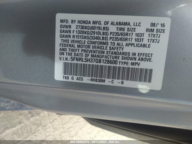Honda ODYSSEY SE 2016 5FNRL5H37GB128600 Image 10