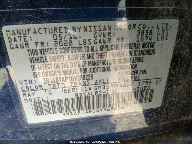 2016 NISSAN SENTRA SR VIN: 3N1AB7AP1GY288228