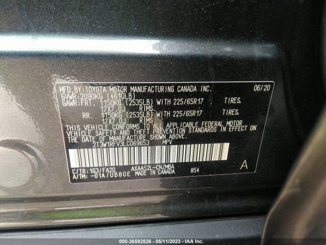 2020 TOYOTA RAV4 XLE VIN: 2T3W1RFV3LC069653