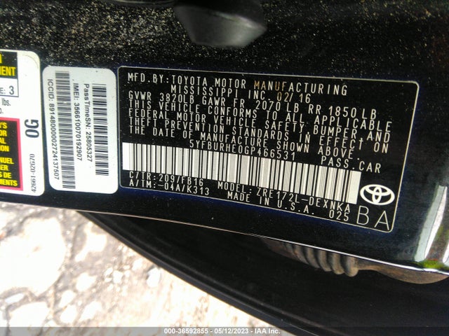 36592855 :رقم المزاد ، 5YFBURHE0GP466531 vin ، 2016 Toyota Corolla L/le/s/s Plus/le Plus مزاد بيع