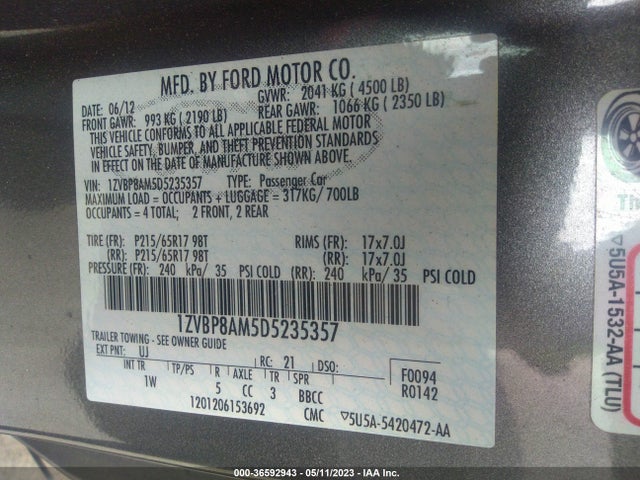 2013 FORD MUSTANG V6 VIN: 1ZVBP8AM5D5235357