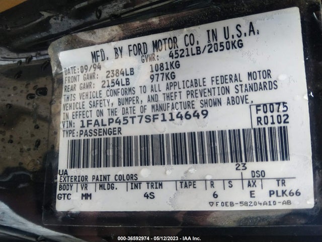 1995 FORD MUSTANG GT/GTS VIN: 1FALP45T7SF114649