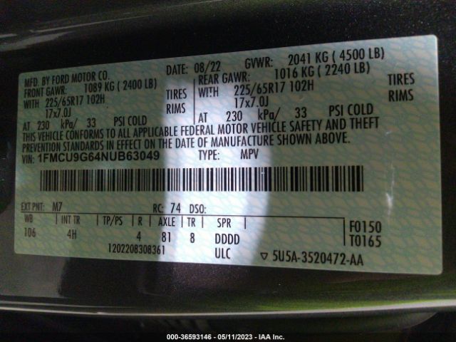 1FMCU9G64NUB63049 Ford ESCAPE SE