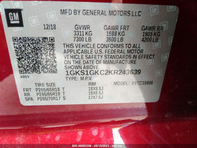 1GKS1GKC2KR243639 GMC Yukon Xl Slt