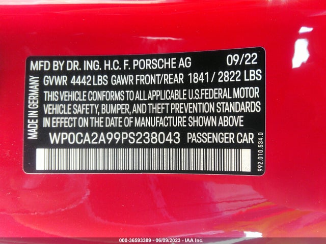 2023 Porsche 911, VIN: WP0CA2A99PS238043