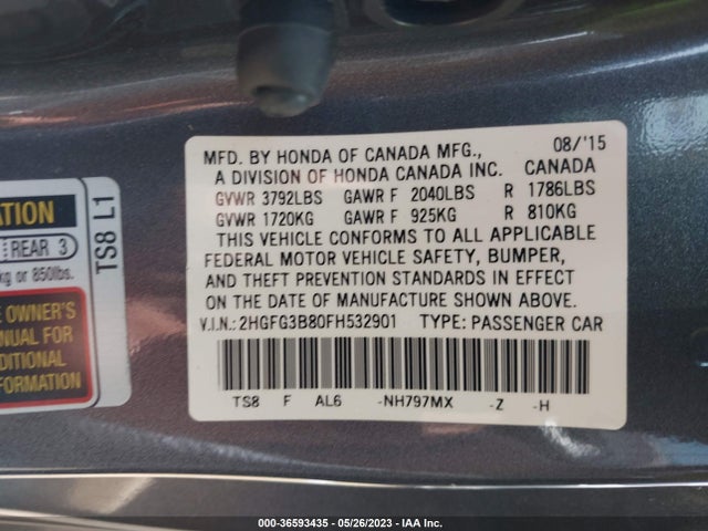 Honda Civic Coupe Ex 2015 2HGFG3B80FH532901 Image 9