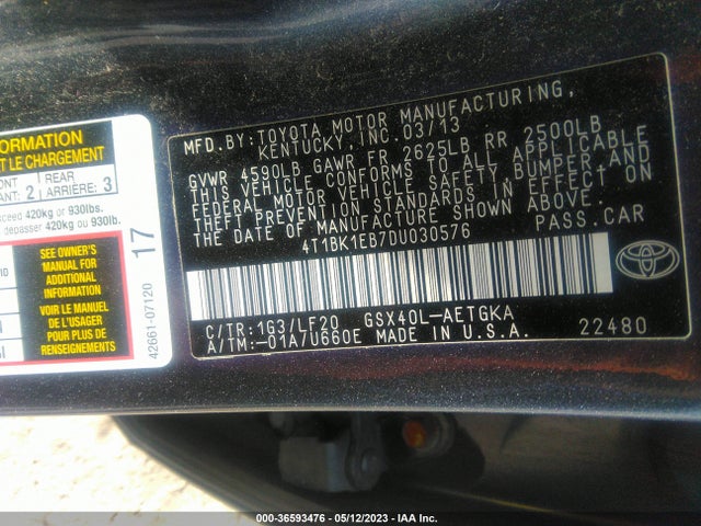 2013 TOYOTA AVALON XLE/LIMITED VIN: 4T1BK1EB7DU030576