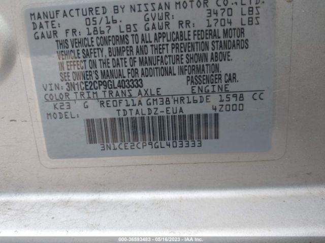 3N1CE2CP9GL403333 Nissan Versa Note S/s Plus/sv/sr/sl