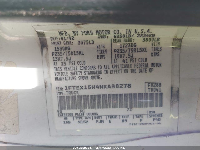 1992 FORD F150 VIN: 1FTEX15N4NKA80278