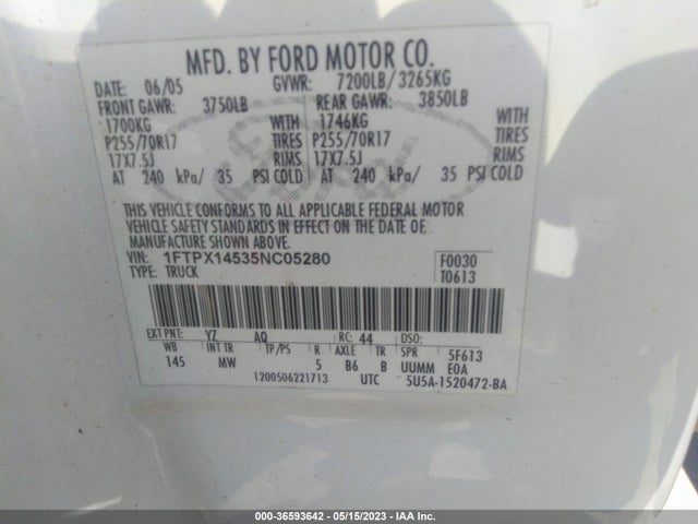 2005 FORD F-150 XLT/FX4/LARIAT/XL VIN: 1FTPX14535NC05280