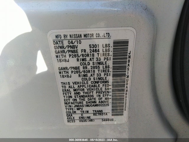 2010 INFINITI FX35 VIN: JN8AS1MU0AM802225