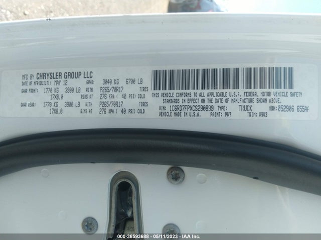 2012 RAM 1500 TRADESMAN VIN: 1C6RD7FPXCS290899