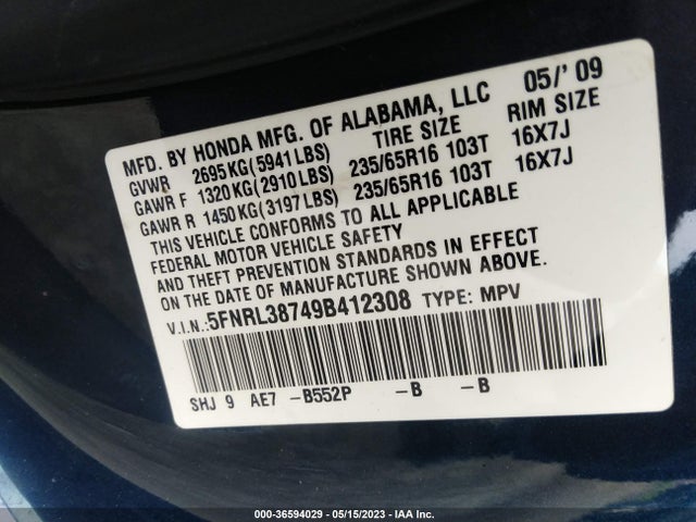 2009 HONDA ODYSSEY EX-L VIN: 5FNRL38749B412308