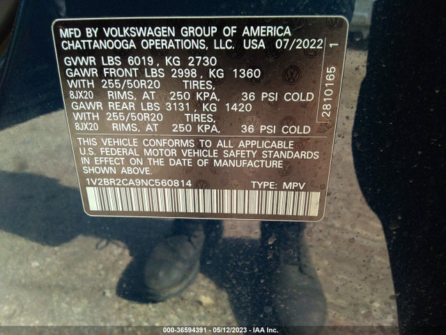 1V2BR2CA9NC560814 Volkswagen Atlas 3.6l V6 Sel