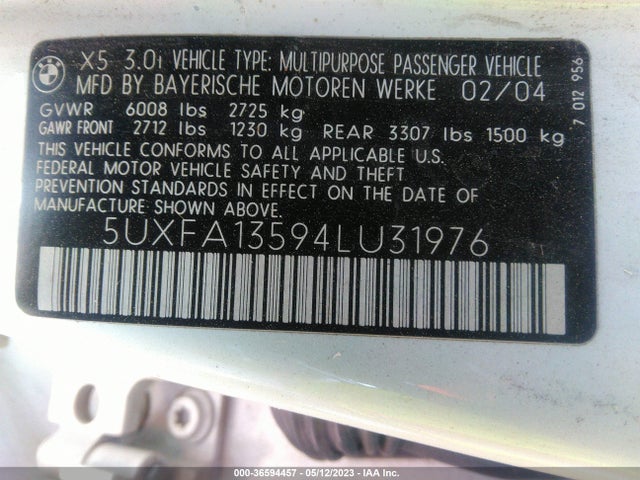 2004 BMW X5 3.0I VIN: 5UXFA13594LU31976